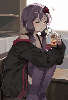 Rule 34 | 1girl, bare shoulders, bendy straw, black jacket, blush, chair, closed eyes, collarbone, commentary request, dress, drinking straw, feet out of frame, hair ornament, highres, holding, hood, hood down, hooded jacket, hugging own legs, jacket, lamb (hitsujiniku), no shoes, off shoulder, on chair, open clothes, open jacket, parted lips, purple dress, purple hair, purple thighhighs, ribbed thighhighs, sleeveless, sleeveless dress, solo, squatting, thighhighs, vocaloid, voiceroid, yuzuki yukari