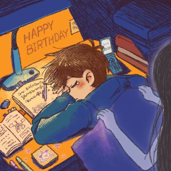 Rule 34 | 1boy, 1girl, antenna hair, black hair, blue sweater, blush, book, book stack, brown hair, cellphone, closed mouth, colored skin, commentary, dark-skinned male, dark skin, desk lamp, flip phone, happy birthday, hashtag-only commentary, hero (faraway) (omori), hero (omori), lamp, long hair, long sleeves, mari (omori), mari (spirit) (omori), mechanical pencil, omori, open book, pencil, phone, purple blanket, short hair, sun iiinu, sweater, tearing up, white skin