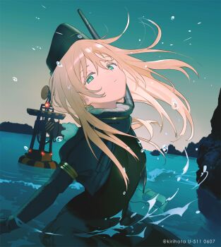 Rule 34 | 1girl, blue eyes, blue sky, buoy, closed mouth, commentary, cropped jacket, english commentary, female focus, garrison cap, hair between eyes, hat, head tilt, headgear, horizon, kantai collection, kirihota, long hair, long sleeves, looking at viewer, military, military uniform, ocean, outdoors, pale skin, pantyhose, partially submerged, puffy long sleeves, puffy sleeves, sky, solo, splashing, swimsuit, swimsuit under clothes, thighhighs, twitter username, u-511 (kancolle), water, water drop, white hair