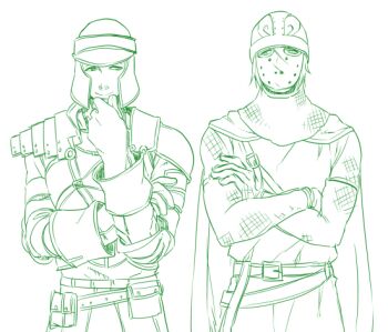 2boys armor belt cape chainmail closed_mouth commentary_request creighton_of_mirrah crossed_arms dark_souls_(series) dark_souls_ii green_theme hand_on_own_chin helmet lineart long_sleeves looking_at_another looking_to_the_side male_focus masked mild_mannered_pate monochrome multiple_boys pauldrons shirt short_hair shoulder_armor simple_background smile suou_yuuchi upper_body