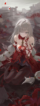 Rule 34 | 1girl, absurdres, bandage over one eye, bandaged arm, bandages, bare shoulders, black pantyhose, braid, closed mouth, commentary request, dress, falling petals, flower, grey eyes, grey hair, highres, long hair, looking at viewer, nail polish, no shoes, outdoors, pantyhose, petals, phrolova (wuthering waves), red dress, red nails, red petals, sitting, solo, spider lily, tacet mark (wuthering waves), twin braids, very long hair, wuthering waves, xuegao ice, yokozuwari