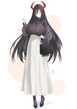 Rule 34 | 1girl, artist name, azur lane, bag, black bag, black hair, black shoes, blush, breasts, casual, commentary request, commission, eyes visible through hair, friedrich der grosse (azur lane), hair between eyes, high-waist skirt, high heels, highres, horns, jewelry, large breasts, livetarica, long bangs, long hair, long hair between eyes, long skirt, long sleeves, looking at viewer, mechanical horns, necklace, off shoulder, red horns, shoes, shoulder bag, skeb commission, skirt, smile, solo, star (symbol), sweater, turtleneck, turtleneck sweater, very long hair, white background, white skirt, yellow eyes