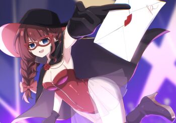 Rule 34 | 1girl, alternate hairstyle, assault lily, black boots, black cape, black gloves, black hat, blue eyes, blunt bangs, blurry, blurry background, boots, bow, braid, breasts, brown hair, cape, cleavage, commentary request, cowboy shot, envelope, flower, glasses, gloves, gradient background, hair bow, hand up, hat, high heel boots, high heels, highres, holding, holding envelope, kaede johan nouvel, leotard, looking at viewer, medium breasts, open mouth, outstretched arm, pantyhose, phantom thief, piatin, pink bow, purple background, reaching, reaching towards viewer, red-framed eyewear, red flower, red leotard, red rose, rose, searchlight, see-through clothes, see-through leotard, side braid, single braid, smile, solo, standing, standing on one leg, strapless, strapless leotard, two-sided fabric, two-sided headwear, white pantyhose