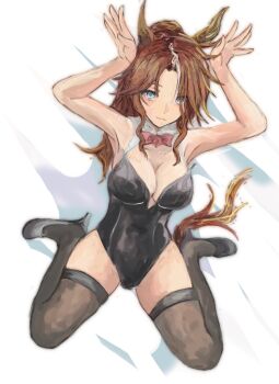 1girl animal_ears armpits black_leotard black_thighhighs blue_eyes blush bow bowtie breasts brown_hair cleavage closed_mouth collarbone hair_between_eyes hands_up horse_ears horse_girl horse_tail large_breasts leotard long_hair looking_at_viewer mejiro_palmer_(umamusume) multicolored_hair playboy_bunny ponytail red_bow red_bowtie shoes sitting solo streaked_hair tail thighhighs umamusume wariza white_hair yanagi_wakana