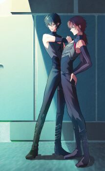 Rule 34 | 2boys, absurdres, axia krone, axia krone (1st costume), black boots, black hair, black pants, black shirt, blue eyes, boots, closed mouth, commentary, cross-body stretch, detached sleeves, full body, green eyes, hair between eyes, highres, lauren iroas, lauren iroas (1st costume), long hair, looking ahead, male focus, multiple boys, nijisanji, npryygj, pants, pants tucked in, ponytail, red hair, shirt, short hair, smile, standing, stretching, turtleneck, virtual youtuber