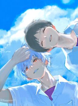 2boys black_hair blue_shirt blue_sky blush cloud collared_shirt commentary facing_viewer grey_hair happy highres ikari_shinji looking_at_viewer male_focus multiple_boys nagisa_kaworu neon_genesis_evangelion outdoors parted_lips purple_shirt school_uniform shirt short_hair sky smile soraaaa53 symbol-only_commentary teeth tokyo-3_middle_school_uniform twitter_username white_shirt