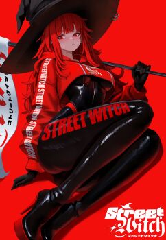 1girl black_bodysuit bodysuit breasts clothes_writing cosplay cropped_hoodie ear_piercing flag hat hatsune_miku high_heels highres holding holding_flag hood hoodie long_hair original piercing race_flag race_queen racing_miku racing_miku_(2022) racing_miku_(2022)_(cosplay) racing_miku_(cosplay) red_eyes red_hair red_hoodie solo val_(yan_kodiac) witch_hat yan_kodiac