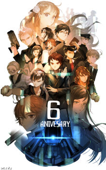 6+boys 6+girls absurdres amiguchi_shuu anniversary black_hair blonde_hair braid brown_hair dated everyone expressionless flower fuyusaka_iori gakuran glasses gouto_renya grey_hair gun hair_flower hair_ornament highres hijiyama_takatoshi holding holding_gun holding_weapon juusan_kihei_bouei_ken kisaragi_tomi kurabe_juurou kurabe_tamao long_hair looking_at_viewer looking_down minami_natsuno miura_keitarou multiple_boys multiple_girls ogata_nenji okino_tsukasa pompadour school_uniform sekigahara_ei serafuku shinonome_ryouko_(juusan_kihei_bouei_ken) short_hair simple_background takamiya_yuki twin_braids very_short_hair weapon white_background yakushiji_megumi zotx7u