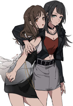 2girls absurdres arm_around_shoulder arm_at_side artist_name bang_dream! bang_dream!_it&#039;s_mygo!!!!! belt black_belt black_collar black_dress black_hair black_jacket blue_eyes brown_eyes brown_hair chinese_commentary closed_mouth collar commentary_request cowboy_shot dress earclip earrings expressionless grey_skirt hand_on_another&#039;s_arm highres jacket jewelry lapels leather leather_jacket long_hair long_sleeves looking_at_viewer midriff miniskirt multiple_girls navel necklace notched_lapels okada_mei open_clothes open_jacket open_mouth pencil_skirt photo-referenced red_tube_top ryow_6 see-through_clothes see-through_dress_layer short_dress sideways_glance simple_background skirt sleeveless sleeveless_dress standing strapless sumita_mana swept_bangs tanda_hazuki tube_top voice_actor_connection white_background yahata_umiri