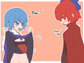 2girls blue_bow blue_eyes bottomless bow cloak clothes_lift commentary convenient_censoring english_text fang groin hair_bow heterochromia highres kokowoch lifting_own_clothes multiple_girls open_mouth orange_background outline red_hair sekibanki short_hair simple_background skin_fang symbol-only_commentary tatara_kogasa touhou white_outline