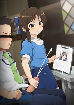 1boy 1girl bar_censor bow brown_eyes brown_hair censored cum cum_on_picture ejaculation hair_bow handjob hetero highres censored_identity idolmaster idolmaster_cinderella_girls idolmaster_cinderella_girls_u149 kim_da-yoon loli long_hair necktie penis penis_out pointless_censoring producer_(idolmaster) producer_(idolmaster_cinderella_girls_u149) sidelocks tachibana_arisu unzipped