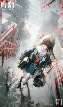 1girl absurdres artist_name bag black_choker black_coat black_hair black_serafuku black_shirt black_skirt black_socks blunt_bangs cat chisa_(wuthering_waves) choker coat commentary flower hair_ribbon highres kneehighs long_hair long_sleeves neckerchief pleated_skirt red_eyes red_neckerchief red_ribbon ribbon sailor_collar school_bag school_uniform serafuku shirt skirt socks solo stairs tyhaya white_sailor_collar wuthering_waves