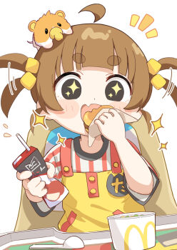 1girl :d afterimage aged_down ahoge animal animal_on_head black_eyes blush_stickers brat_(brabrabrat00) brown_hair burger commentary_request cup disposable_cup dress drinking_straw expressive_hair fang food hamster highres holding holding_food imadake_dabuchi_tabesuke imadake_tsukimi_tabemi mcdonald&#039;s notice_lines on_head open_mouth pacifier shirt short_eyebrows short_sleeves simple_background smile sparkle sparkling_eyes striped_clothes striped_shirt thick_eyebrows two_side_up upper_body vertical-striped_clothes vertical-striped_shirt white_background yellow_dress