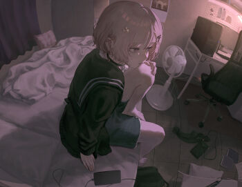 1girl absurdres arm_support barefoot bed_sheet black_choker black_serafuku blanket cellphone chair choker commentary computer computer_keyboard computer_tower curtains ear_piercing earrings electric_fan english_commentary expressionless from_above hair_ornament highres holding_own_leg indoors jacket jewelry knee_up kyano_(kyanora3141) monitor notebook on_bed original parted_lips phone piercing pillow pink_eyes pink_hair pink_theme purple_eyes rabbit_hair_ornament school_uniform serafuku short_hair shorts simple_background sitting smartphone solo tile_floor tiles white_background x_hair_ornament