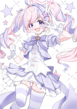 1girl absurdres blue_archive bow bowtie cowboy_shot dress gloves hair_ornament halo highres long_hair magical_girl multicolored_hair open_mouth pink_hair pink_halo purple_bow purple_bowtie purple_eyes purple_hair reisa_(blue_archive) reisa_(magical)_(blue_archive) simple_background smile solo star_(symbol) star_hair_ornament striped_clothes striped_thighhighs thighhighs twintails two-tone_hair wfa5051 white_background white_dress white_gloves