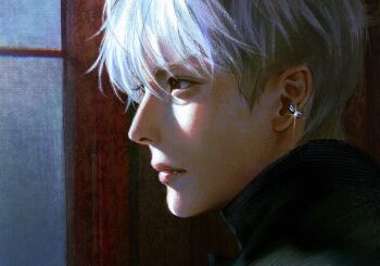 Rule 34 | 1boy, aaaaapleeeee, brown eyes, character request, close-up, closed mouth, commentary, copyright request, ear piercing, expressionless, fang, from side, glint, high collar, highres, indoors, looking ahead, male focus, piercing, real life, short hair, sidelighting, solo, symbol-only commentary, white hair