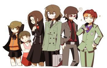 2girls 4boys ? akechi_gorou amada_ken arms_behind_head black_gloves black_jacket black_necktie black_pants black_shorts black_skirt brown_eyes child closed_eyes closed_mouth commentary_request cropped_legs doujima_nanako dress eyewear_on_head formal_clothes fushimi_chihiro gekkoukan_high_school_uniform glasses gloves green_jacket green_pants grey_jacket grey_pants hand_on_own_hip holding holding_suitcase jacket korean_commentary long_hair looking_at_another multiple_boys multiple_girls necktie open_mouth orange_jacket pants persona persona_1 persona_2 persona_3 persona_4 persona_5 red-tinted_eyewear red_shirt sasibowol school_uniform shirt short_hair short_twintails shorts simple_background skirt smile sparkle spoken_question_mark st._hermelin_school_uniform standing suit suitcase suou_katsuya sweat tinted_eyewear trait_connection twintails uesugi_hidehiko white_background