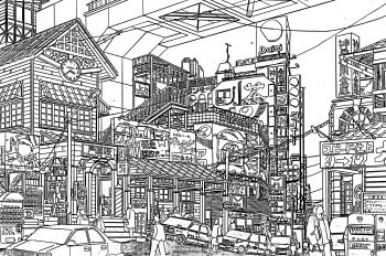 absurdly_detailed_composition absurdres analog_clock building car cityscape clock commentary_request complex_exterior greyscale highres lamppost lineart monochrome motor_vehicle original outdoors people power_lines scenery sign taxi traditional_media translation_request yamaguti