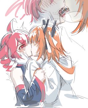 2girls a.i._voice adachi_rei ahoge black_shirt blush breath commentary corrupted_twitter_file detached_sleeves drill_hair french_kiss gloves hand_on_another&#039;s_face hashtag-only_commentary highres hood hoodie kasane_teto kiss multiple_girls orange_hair qiukui red_eyes red_hair saliva shirt simple_background sweat tears tentacle_tongue tongue tongue_out twin_drills utau white_background white_gloves white_hoodie yuri