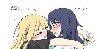 Rule 34 | 2girls, absurdres, ahoge, arms around neck, beer can, black shirt, blonde hair, blush, can, cho kaguya-hime!, closed eyes, commentary, drink can, drunk, english commentary, english text, fang, farfii, green eyes, highres, holding, holding can, hug, kaguya (cho kaguya-hime!), long hair, looking at another, mole, mole under eye, multiple girls, purple hair, sakayori iroha, shirt, simple background, squeans, sweat, white background, white shirt, yuri