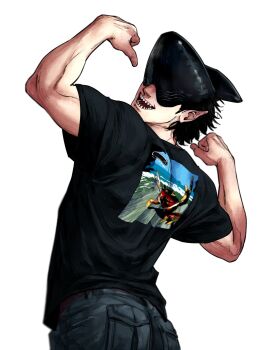 1boy beam_(chainsaw_man) black_hair black_shirt chainsaw_man commentary denim english_commentary flexing from_behind highres jeans male_focus open_mouth pants pedro_renji pocket print_shirt shark_boy shark_fin shark_head sharp_teeth shirt short_hair simple_background solo teeth white_background