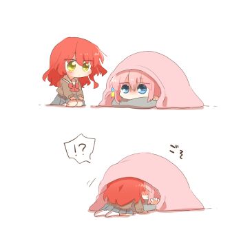 !? 2girls blue_eyes blush bocchi_the_rock! bow bowtie chibi chibi_only commentary_request full_body gotoh_hitori grey_skirt implied_kiss implied_yuri kita_ikuyo long_hair multiple_girls pillow pink_hair pleated_skirt rebecca_(keinelove) red_bow red_bowtie red_hair school_uniform shuka_high_school_uniform simple_background skirt under_covers white_background yellow_eyes