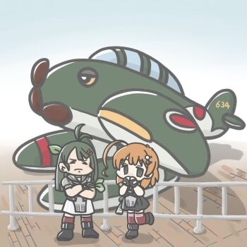 2girls ahoge aircraft airplane black_skirt chibi covering_own_mouth crossed_arms e16a_zuiun ferret-san full_body green_hair grey_shirt hair_ornament hair_ribbon hairclip highres kantai_collection kaya_(kancolle) long_hair multiple_girls orange_hair ribbon sailor_collar sailor_shirt school_uniform serafuku shirt short_hair skirt sugi_(kancolle) white_sailor_collar white_skirt