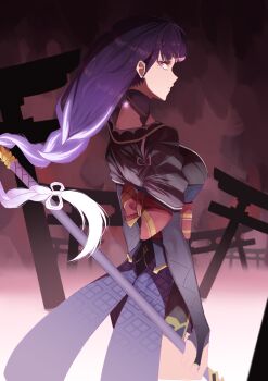 1girl absurdres angry architecture back_bow blunt_bangs bow braid bridal_gauntlets closed_mouth commentary east_asian_architecture english_commentary engulfing_lightning_(genshin_impact) floating_hair from_side genshin_impact glowing glowing_hair glowing_tattoo gradient_background gradient_hair hair_floating_upwards hair_ribbon highres holding holding_polearm holding_weapon japanese_clothes joshyjoshj kimono long_braid looking_to_the_side mole mole_under_eye multicolored_hair neck_tattoo official_alternate_costume polearm purple_hair purple_kimono raiden_shogun red_background red_sash red_sky ribbon sash shade single_braid sky solo standing star_(symbol) streaked_hair tattoo tomoe_(symbol) upper_body weapon