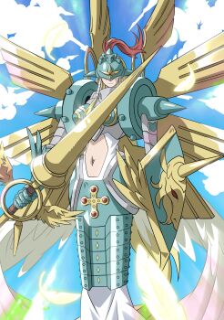 Rule 34 | 1girl, absurdres, angel, angel wings, armor, blonde hair, blue sky, breasts, closed mouth, clothing cutout, cloud, commentary, covered eyes, day, digimon, digimon (creature), dress, english commentary, facing viewer, falling feathers, feathered wings, feathers, golden wings, green armor, green helmet, helmet, helmet over eyes, highres, holding, holding polearm, holding shield, holding weapon, lance, large breasts, long hair, multiple wings, navel, ofanimon, officialseraphi, polearm, shield, sky, solo, spikes, stomach cutout, weapon, white dress, wings