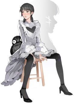 1girl absurdres black_hair black_pantyhose brown_eyes chainsaw_man clothing_cutout dress earrings heart_cutout high_heels highres jewelry long_hair low_twintails mitaka_asa on_stool pantyhose sitting stool twintails vvvimint war_devil_(chainsaw_man) white_background white_dress yoru_(chainsaw_man)