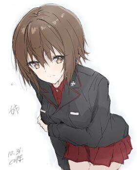 1girl breasts brown_eyes brown_hair core_(mayomayo) cross dated girls_und_panzer hand_on_own_arm highres iron_cross jacket kuromorimine_military_uniform large_breasts long_sleeves looking_at_viewer military military_jacket military_uniform miniskirt nishizumi_maho pleated_skirt red_shirt red_skirt shirt short_hair signature simple_background skirt solo white_background