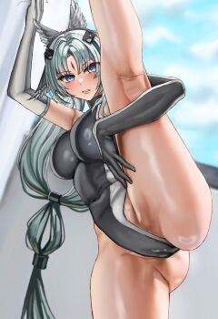 1girl absurdres alternate_costume animal_ears arcane_(arknights) arknights arknights:_endfield bird_ears bird_girl black_gloves black_one-piece_swimsuit blue_eyes breasts elbow_gloves facial_mark forehead_mark gloves grey_hair head_wings highleg highleg_one-piece_swimsuit highres khione_(yukhione) large_breasts long_hair multicolored_hair one-piece_swimsuit solo split standing standing_on_one_leg standing_split swimsuit two-tone_one-piece_swimsuit white_one-piece_swimsuit wings