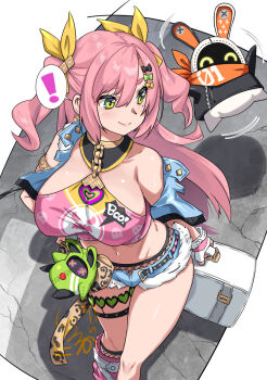 1girl amillion_(zenless_zone_zero) bangboo_(zenless_zone_zero) black_jacket black_ribbon black_shorts black_thighhighs breasts briefcase cleavage cropped_jacket detached_sleeves eous_(zenless_zone_zero) green_eyes hair_ornament hair_ribbon hairclip jacket large_breasts long_hair navel nicole_demara nicole_demara_(cunning_cutie) pink_hair ribbon shinozuka_atsuto short_shorts short_sleeves shorts single_thighhigh smile strapless thighhighs thighs tube_top two_side_up white_tube_top zenless_zone_zero