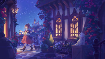 1girl :d animal bag barrel black_cat blue_eyes boots brown_boots brown_hair cat collared_shirt commentary_request dress flower fringe_trim hair_ribbon highres holding holding_lantern kuune_(muttey-myg) lantern night open_mouth original outdoors pantyhose paper_bag ponytail railing red_dress red_flower red_ribbon red_rose ribbon rose shawl shirt shooting_star sky sleeveless sleeveless_dress smile solo star_(sky) starry_sky tower walking white_cat white_pantyhose white_shirt window