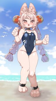 1girl absurdres ahoge alternate_costume animal_ear_fluff animal_ear_piercing animal_ears animal_feet anklet bare_shoulders beach bird black_choker blue_one-piece_swimsuit blue_sky braid braided_twintails breasts bright_pupils choker cloud covered_navel full_body furry furry_female highres horizon incredibly_absurdres jewelry loli long_hair looking_at_viewer nya_(73809635) one-piece_swimsuit open_mouth outdoors pink_fur pink_hair rabbit_ears rabbit_girl red_eyes sand screw seagull short_eyebrows sky small_breasts solo swimsuit thick_eyebrows white_pupils zenless_zone_zero zhao_(zenless_zone_zero)