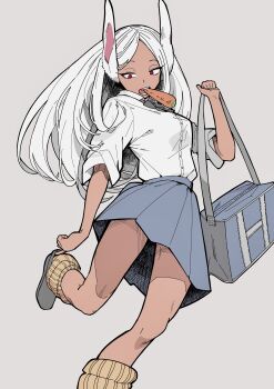 1girl absurdres adjusting_footwear animal_ears bag black_bow black_bowtie black_footwear blue_skirt boku_no_hero_academia bow bowtie carrot dark-skinned_female dark_skin food_in_mouth grey_background hanten_(hantennano) highres holding holding_bag legs long_eyelashes long_hair looking_down loose_socks mirko mouth_hold open_mouth orange_socks parted_bangs pleated_skirt rabbit_ears rabbit_girl red_eyes school_bag school_uniform shirt shirt_tucked_in skirt sleeves_rolled_up socks solo standing standing_on_one_leg teeth thighs white_hair white_shirt