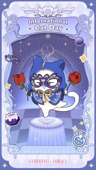 animal animal_focus artist_request balala_the_fairies blue_background blue_cloak blue_mask blue_theme brooch checkered_floor cloak clothed_animal commentary copyright_name cosplay ear_covers english_commentary english_text eye_mask flower happy heart highres holding holding_flower hood hood_up hooded_cloak jewelry leg_up logo mask masquerade_mask momo_(nikki) neck_ribbon nikki_(series) no_humans official_alternate_costume official_art open_mouth outstretched_arms picture_frame red_flower red_rose ribbon rose second-party_source shining_nikki smile sparkle stage vase whiskers yellow_ribbon youle youle_(cosplay)