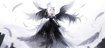1girl angel_wings black_collar black_dress black_halo black_wings blonde_hair chinese_commentary closed_mouth collar commentary_request cross cross_earrings cross_print cross_tattoo detached_collar dress dustless_feathers_(shining_nikki) earrings expressionless feather-trimmed_dress feather_hair_ornament feathered_wings feathers floating forehead_tattoo full_body gown hair_ornament halo holding holding_staff jewelry light_particles long_dress long_hair looking_at_viewer miqing multiple_wings nikki_(series) parted_bangs print_dress ruins seraph shining_nikki solo spread_wings staff tattoo traditional_halo white_background wings yellow_eyes