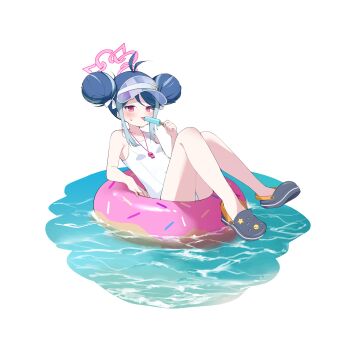 1girl absurdres antenna_hair bare_arms bare_legs bare_shoulders blue_archive chiimanju crocs donut donut_innertube double_bun food fubuki_(blue_archive) fubuki_(swimsuit)_(blue_archive) hair_bun halo highres holding holding_food holding_ice_cream ice_cream innertube no_socks one-piece_swimsuit pink_eyes pink_halo popsicle simple_background solo swim_ring swimsuit visor_cap whistle whistle_around_neck white_background white_one-piece_swimsuit