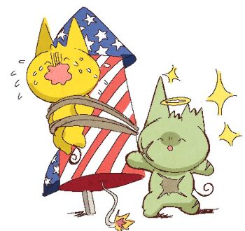 Rule 34 | american flag, bound, closed eyes, creature, creature focus, defect mogeko, dudd ie, fire, flying sweatdrops, funamusea, funamusea (style), halo, jaggy lines, mogeko (species), mogeko castle, no humans, open mouth, rocket, rope, scar, scar on arm, scar on chest, scar on face, scar on leg, simple background, skyrocket, spanish commentary, sparkle, star (symbol), tail, tears, tied up (nonsexual), wavy mouth, white background