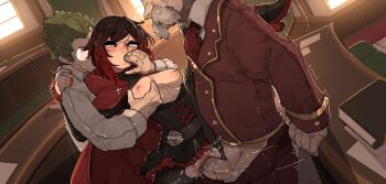 1girl 2boys age_difference bartholomew_oobleck black_hair black_legwear black_skirt blush boots breasts breasts_out classroom clitoris cloak clothed_sex commentary corset cross cross-eyed english_commentary fellatio finger_in_another's_mouth fingernails frilled_skirt frills glasses grabbing_another's_breast gradient_hair green_hair grey_eyes groping group_sex head_out_of_frame hetero high_heel_boots high_heels highres hood hood_down hooded_cloak large_penis leg_up miniskirt mmf_threesome multicolored_hair multiple_boys nail_polish necktie nipples no_panties opaque_glasses oral penis perky_breasts peter_port plap pussy pussy_juice red_cloak red_eyes red_nails rimless_eyewear round_eyewear ruby_rose rwby saliva sex short_hair shuuko_(s_h_uuko) simulated_fellatio skirt small_breasts split standing standing_on_one_leg standing_sex standing_split threesome torn_clothes torn_legwear trembling uncensored vaginal