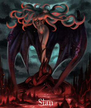 1girl absurdres berserk black_corset breasts completely_nude corset covered_erect_nipples dark demon_girl demon_wings green_hair groin highres large_breasts lava long_hair nude slan_(berserk) slit_pupils solo suduo2002 tentacle_hair tentacles tiffany20101300 very_long_hair wings