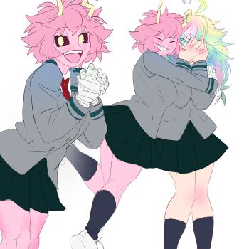 2girls absurdres ashido_mina black_sclera boku_no_hero_academia colored_sclera colored_skin female_focus green_eyes green_hair green_skirt grey_jacket hagakure_toru hhholic highres horns hug jacket matching_hair/eyes messy_hair multiple_girls necktie pink_hair pink_skin pleated_skirt red_necktie school_uniform shirt_under_jacket shoes skirt sneakers u.a._school_uniform yellow_eyes yellow_horns
