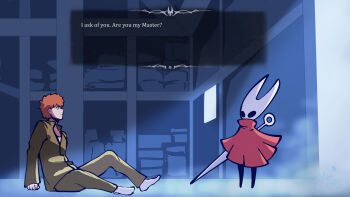 Rule 34 | 1boy, 1girl, are you my master, arthropod girl, artsuwaifu, black skin, cloak, colored skin, commentary, crossover, emiya shirou, english commentary, english text, fate/stay night, fate (series), highres, hollow eyes, hollow knight, hollow knight: silksong, homurabara academy school uniform, horned mask, hornet (hollow knight), mask, needle (hollow knight), night, orange hair, parody, red cloak, red hair, school uniform, white mask