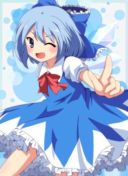 1girl ;d blue_border blue_bow blue_dress blue_eyes blue_hair blush border bow bowtie cirno commentary_request cowboy_shot dress frilled_bow frilled_dress frills hair_bow ice ice_wings one_eye_closed open_mouth outstretched_arm pinafore_dress puffy_short_sleeves puffy_sleeves red_bow red_bowtie shirt short_hair short_sleeves sleeveless sleeveless_dress smile solo standing takojiru touhou white_shirt wings