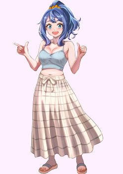 Rule 34 | 1girl, absurdres, bare arms, bare shoulders, blue camisole, blue eyes, blue hair, breasts, camisole, commentary request, full body, highres, kousan, long skirt, looking at viewer, make heroine ga oo sugiru!, medium breasts, medium hair, midriff, navel, open mouth, pink background, ponytail, sidelocks, simple background, skirt, slippers, smile, solo, standing, teeth, upper teeth only, yanami anna, yellow skirt