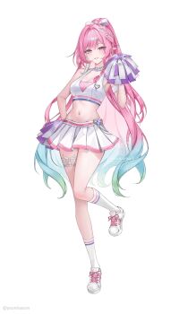 Rule 34 | 1girl, absurdres, alternate costume, alternate hairstyle, aqua hair, bad id, bad twitter id, breasts, cheerleader, cleavage, commentary request, cyrene (demiurge) (honkai: star rail), cyrene (honkai: star rail), full body, gradient hair, hand up, hasom, highres, holding, holding pom poms, honkai: star rail, honkai (series), kneehighs, long hair, looking at viewer, multicolored hair, navel, parted lips, pink hair, pointy ears, pom pom (cheerleading), pom poms, shoes, simple background, skirt, sleeveless, smile, socks, solo, standing, standing on one leg, stomach, twitter username, very long hair, white background, white shoes, white skirt, white socks