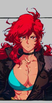 1990s_(style) 1girl abs big_hair black_choker black_coat breasts choker cleavage coat collarbone commentary cross_scar david_liu facial_scar highres large_breasts long_hair looking_at_viewer low_ponytail maria_(space_maria) messy_hair midriff original ponytail popped_collar portrait red_eyes red_hair retro_artstyle scar scar_on_breasts scar_on_cheek scar_on_face serious single_shoulder_pad solo space_maria symbol-only_commentary