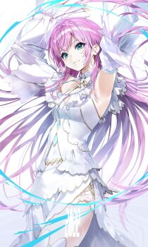 1girl armpits blue_eyes commentary_request detached_collar hands_up highres layered_sleeves leg_warmers long_hair long_skirt long_sleeves nezumidoshi nijisanji original pink_hair pleated_skirt shorts shorts_under_skirt side_slit simple_background skirt smile solo very_long_hair virtual_youtuber white_background white_skirt yuuhi_riri yuuhi_riri_(6th_costume)