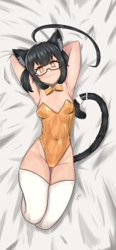 1girl absurdres ahoge animal_ears animal_hands armpits birthmark black_cat black_hair bow bowtie breasts cat cat_ears cat_girl cat_paws cat_tail dakimakura_(medium) dark_skin glasses highres huge_ahoge indie_virtual_youtuber jem.designs nek0roe orange_eyes playboy_bunny presenting_armpit solo tail thighhighs virtual_youtuber